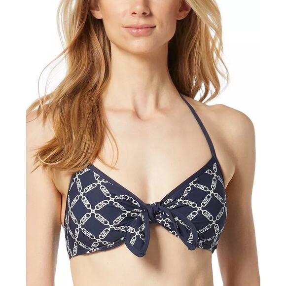 Michael Kors Women Midnight Blue Logo Print Tie-Front Swim Bikini Top Size S - Picture 1 of 5
